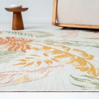 2' X 3' Palm Leaf Stain Resistant Indoor / Outdoor Area Rug - Ivory Green / Orange