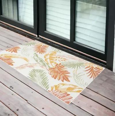 2' X 3' Palm Leaf Stain Resistant Indoor / Outdoor Area Rug - Ivory Green / Orange