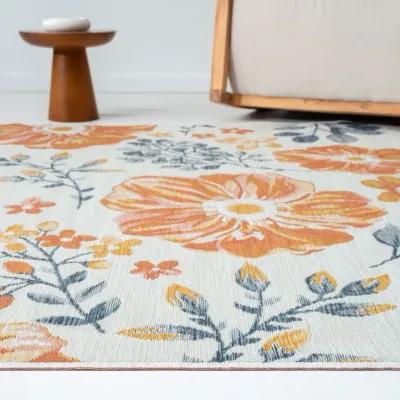 8' X 10' Floral Stain Resistant Indoor / Outdoor Area Rug - Ivory Orange / Blue