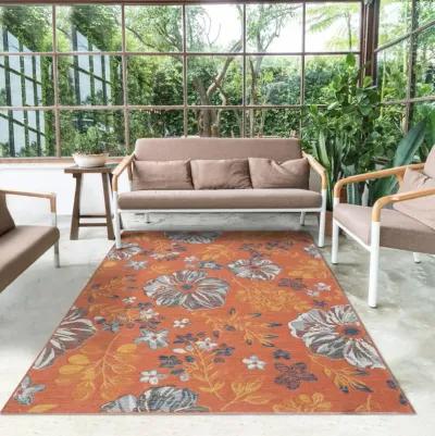 8' X 10' Floral Stain Resistant Indoor / Outdoor Area Rug - Ivory Orange / Blue