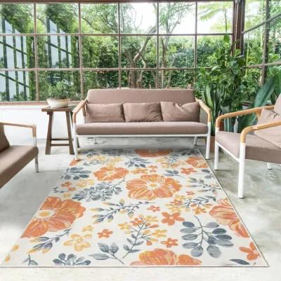 8' X 10' Floral Stain Resistant Indoor / Outdoor Area Rug - Ivory Orange / Blue