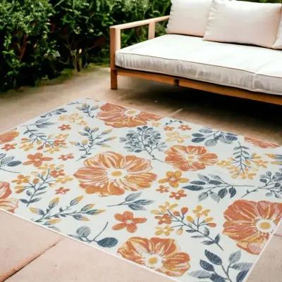 8' X 10' Floral Stain Resistant Indoor / Outdoor Area Rug - Ivory Orange / Blue