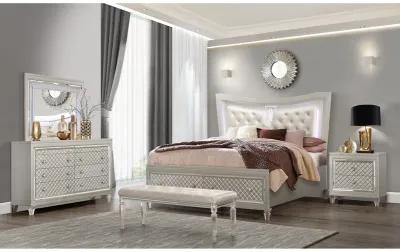 Queen Bed With Padded Headboard Led Lightning 2 Drawer - Champagne Tone