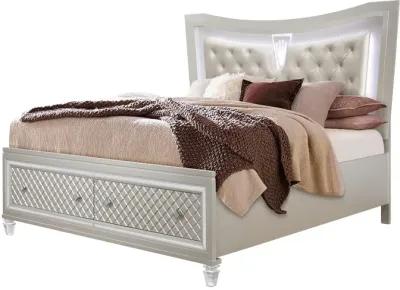 Queen Bed With Padded Headboard Led Lightning 2 Drawer - Champagne Tone