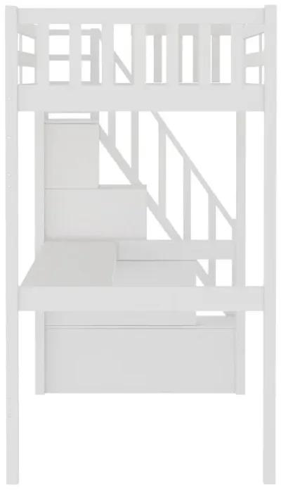 Twin Size Loft Bed with Built In Desk and Stairway - White