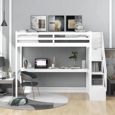 Twin Size Loft Bed with Built In Desk and Stairway - White