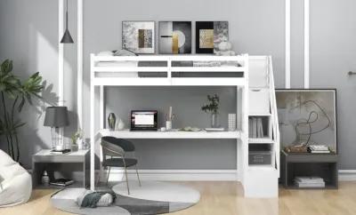 Twin Size Loft Bed with Built In Desk and Stairway - White