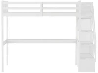 Twin Size Loft Bed with Built In Desk and Stairway - White