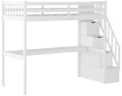 Twin Size Loft Bed with Built In Desk and Stairway - White