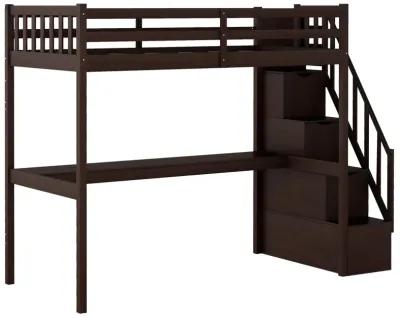 Twin Size Loft Bed with Built In Desk and Stairway - Espresso