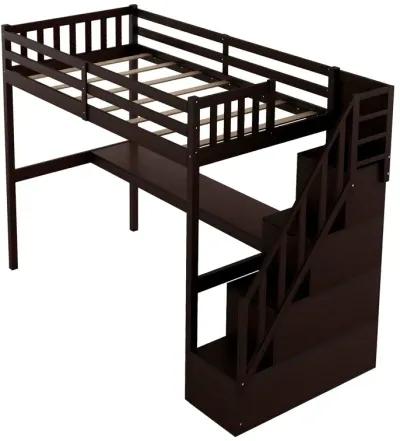 Twin Size Loft Bed with Built In Desk and Stairway - Espresso