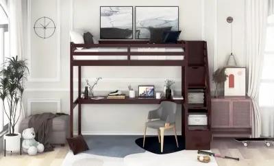 Twin Size Loft Bed with Built In Desk and Stairway - Espresso