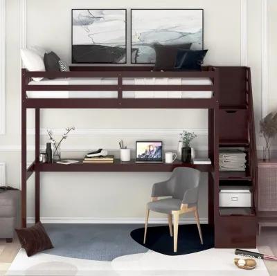 Twin Size Loft Bed with Built In Desk and Stairway - Espresso