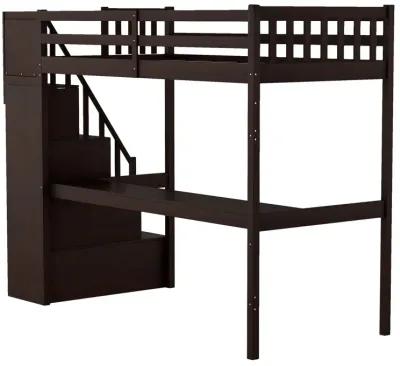 Twin Size Loft Bed with Built In Desk and Stairway - Espresso