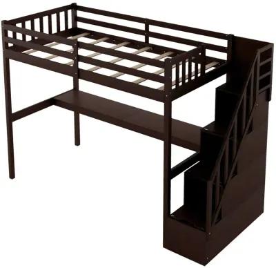 Twin Size Loft Bed with Built In Desk and Stairway - Espresso