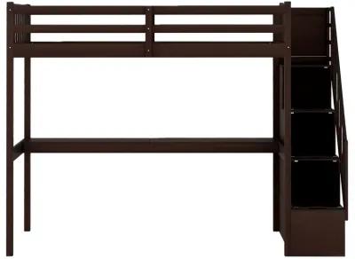 Twin Size Loft Bed with Built In Desk and Stairway - Espresso