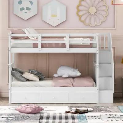 Twin Over Twin Bunk Bed with Stairway and Drawers - White