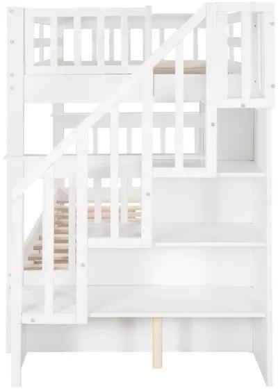 Twin Over Twin Bunk Bed with Stairway and Drawers - White