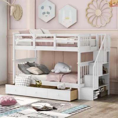 Twin Over Twin Bunk Bed with Stairway and Drawers - White