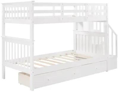 Twin Over Twin Bunk Bed with Stairway and Drawers - White