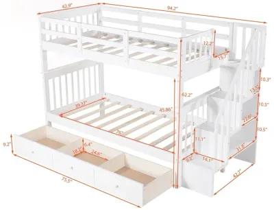 Twin Over Twin Bunk Bed with Stairway and Drawers - White