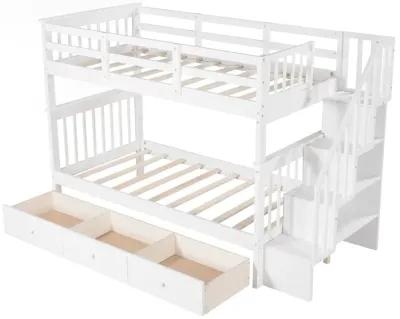 Twin Over Twin Bunk Bed with Stairway and Drawers - White