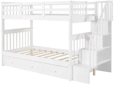 Twin Over Twin Bunk Bed with Stairway and Drawers - White