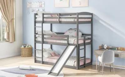 Triple Bunk Twin Sized Bed with Slide - Gray