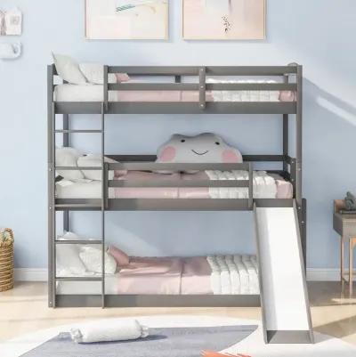 Triple Bunk Twin Sized Bed with Slide - Gray