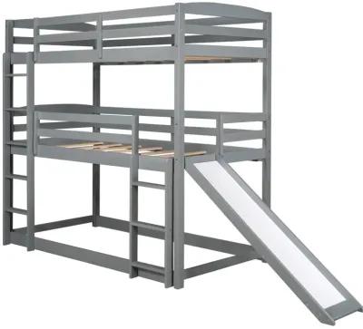 Triple Bunk Twin Sized Bed with Slide - Gray