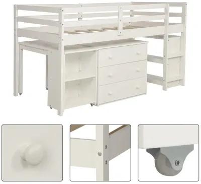 Low Twin Loft Bed With Cabinet and Desk - White