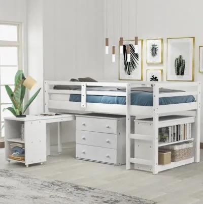 Low Twin Loft Bed With Cabinet and Desk - White