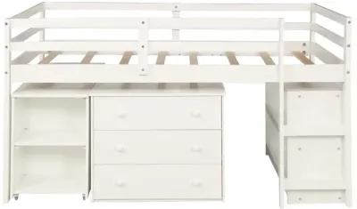 Low Twin Loft Bed With Cabinet and Desk - White