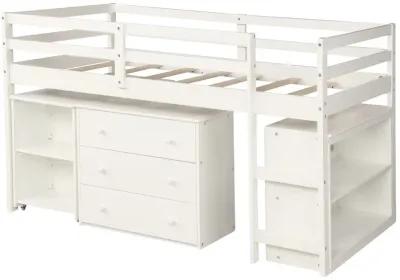 Low Twin Loft Bed With Cabinet and Desk - White