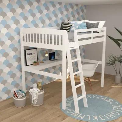 Solid Wood Full Double Size Loft Bed with Desk and Storage - White