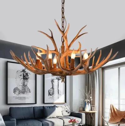 Super Stag Faux Antlers Six Light Led Chandelier - Brown