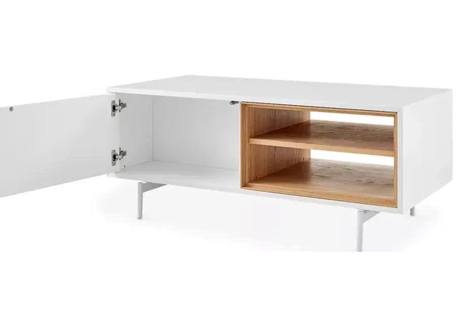 Euro Style Bodie 48" Coffee Table with Open Storage in Oak, Doors and Legs in Matte White