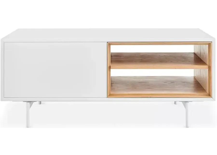 Euro Style Bodie 48" Coffee Table with Open Storage in Oak, Doors and Legs in Matte White