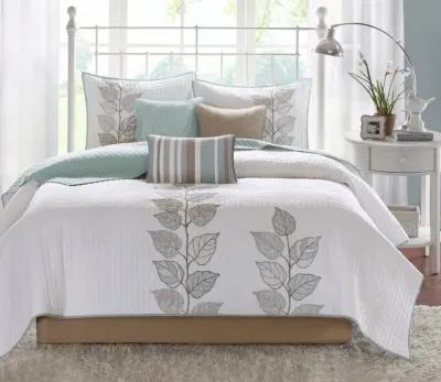 Madison Park Caelie Reversible Leaf Embroidered Microfiber 6-Piece Coverlet Set - Caelie Blue - Queen