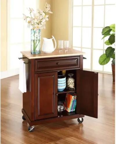 Natural Wood Top Portable Kitchen Cart/Island in Vintage Mahogany