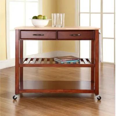 Natural Wood Top Kitchen Cart/Island with Optional Stool Storage in Classic Cherry