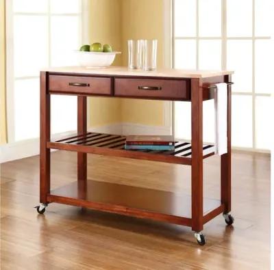 Natural Wood Top Kitchen Cart/Island with Optional Stool Storage in Classic Cherry