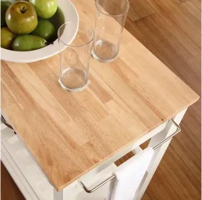 Natural Wood Top Kitchen Cart/Island with Optional Stool Storage in White