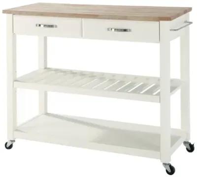 Natural Wood Top Kitchen Cart/Island with Optional Stool Storage in White