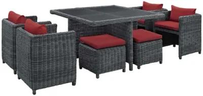 Summon 9 Piece Outdoor Patio Wicker Rattan Sunbrella Dining Set in Red