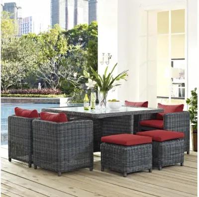 Summon 9 Piece Outdoor Patio Wicker Rattan Sunbrella Dining Set in Red