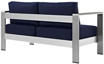 Shore Outdoor Patio Aluminum Loveseat in Silver Navy