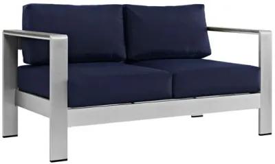 Shore Outdoor Patio Aluminum Loveseat in Silver Navy