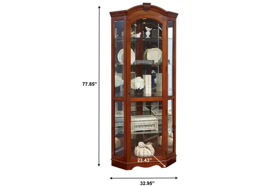 Mirrored Corner Curio Cabinet in Warm Cherry Brown