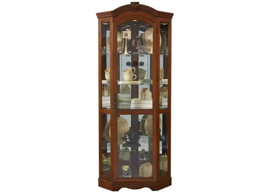 Mirrored Corner Curio Cabinet in Warm Cherry Brown